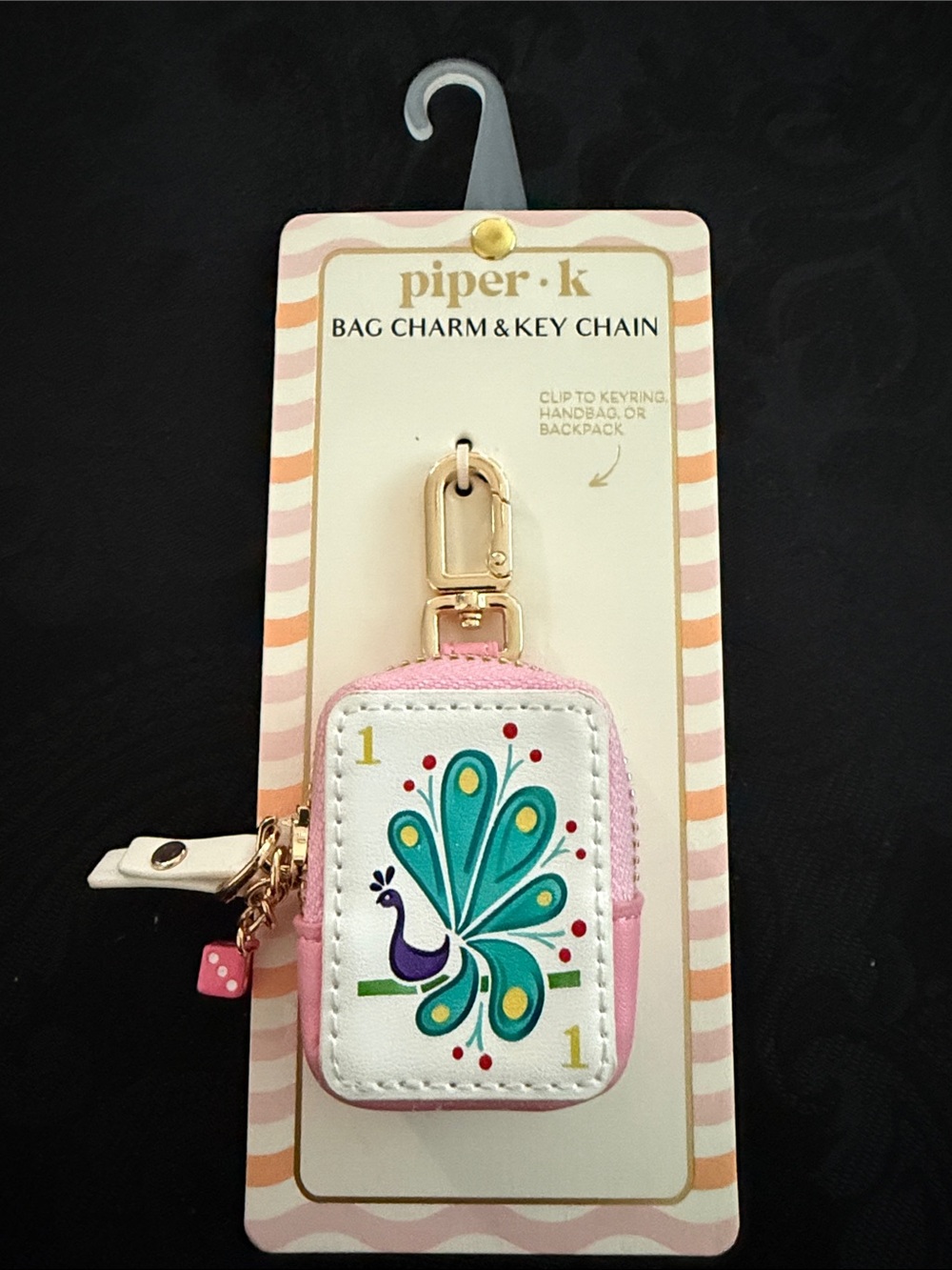 Piper K Mahjong / Peacock Bag Charm and Key Chain featuring zipper pouch